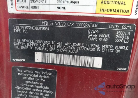 2011 Volvo C70 T5 из США, поврежденный, VIN YV1672MCXBJ118084